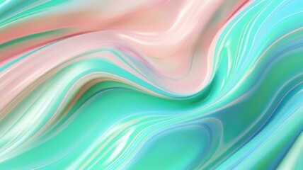 The close up of a glossy liquid surface abstract in blush pink, powder blue, and mint green colors in pastel style with a soft focus. 3D illustration of exuberant. generative AI