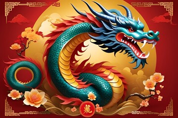 Happy chinese new year 2024 the dragon zodiac sign with flower,lantern,asian elements gold paper cut style on color background. - obrazy, fototapety, plakaty