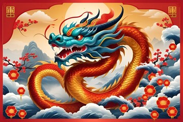 Happy chinese new year 2024 the dragon zodiac sign with flower,lantern,asian elements gold paper cut style on color background.