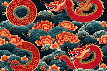 Obraz premium Happy chinese new year 2024 the dragon zodiac sign with flower,lantern,asian elements gold paper cut style on color background.