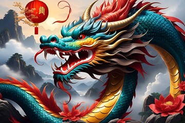 Happy chinese new year 2024 the dragon zodiac sign with flower,lantern,asian elements gold paper cut style on color background.