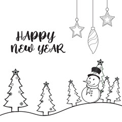 Happy New Year. Line art drawing