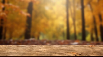 Naklejka na ściany i meble The empty rustic wooden table for product display with blur background of autumn forest. Exuberant image. generative ai