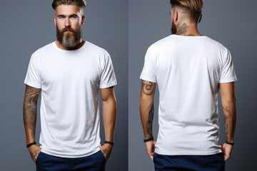 Mockup of a front and back views of young man in a white t-shirt on a white background