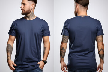 Mockup of a front and back views of young man in a blue t-shirt on a white background - obrazy, fototapety, plakaty