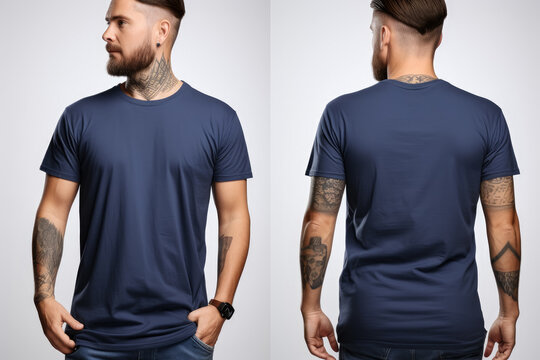 Mockup of a front and back views of young man in a blue t-shirt on a white background
