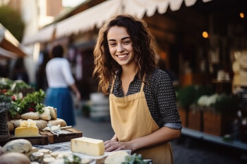 Cheerful young woman in apron selling cheese at local farmers market.