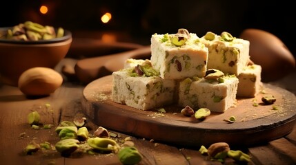 Turkish delight with pistachios on a wooden background. Selective focus.
