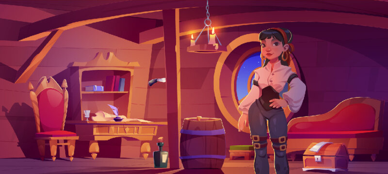 Young girl pirate stands in wooden cabin of ship with porthole, sofa and table with old paper, barrel and bottle in candle light at night. Cartoon vector illustration of corsair with female sailor.