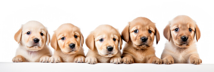 dog, puppies, domestic, animal, pets, cute, white, red. five golden puppies, on a white background.