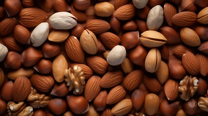 Background of mixed nuts. Nuts mix background. Top view. - obrazy, fototapety, plakaty