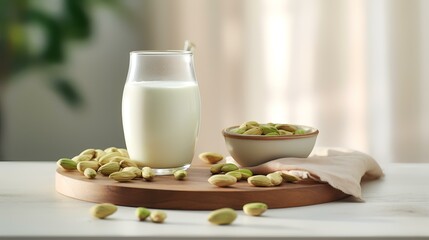 Glass of tasty pistachio milk on wooden board, closeup