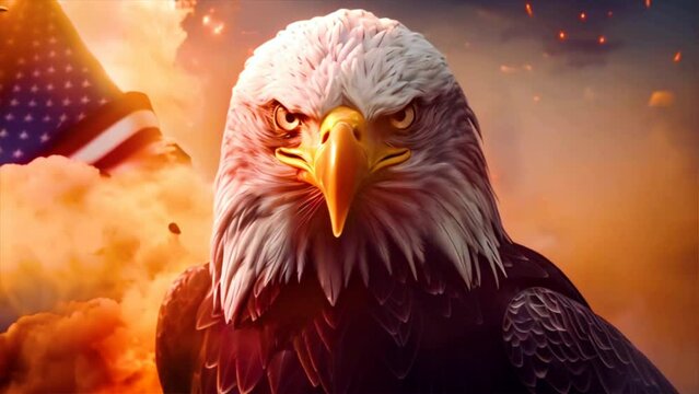 Close up of American Bald Eagle against animated background of American waving flag.