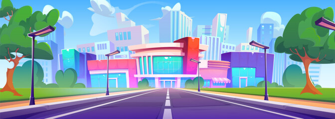 Big city with modern skyscrapers and highway perspective. Vector cartoon illustration of town with street lights and lawn along road, high-rise office and housing buildings, blue sky with white clouds