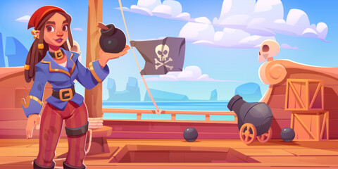 Female pirate character with bomb in hand on board of wooden ship. Vector cartoon illustration of pretty woman in corsair costume, black flag with jolly roger sign, rocky stones in blue sea water