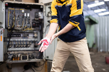 Hand accident, factory worker or engineer with hand injury from machine working. worker accident...