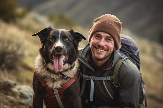  A picture of a man hiking and his favorite dog. 
