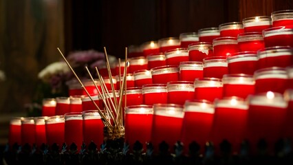 The red candle in a glass that has a fire arranged inside the church.