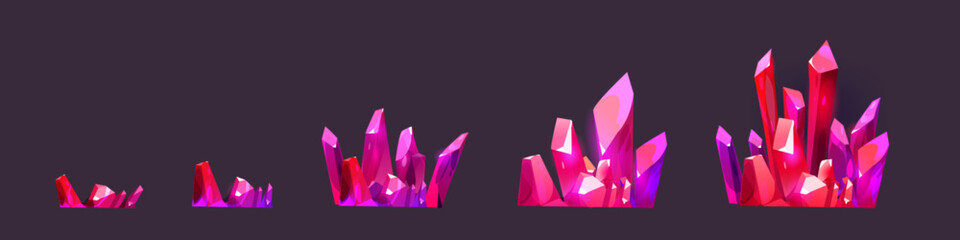 Clusters of pink shining gemstone crystals for game level rank ui design. Cartoon rpg assets of growing pile of bright diamond raw material rocks. Vector illustration of mining treasure and jewel. - obrazy, fototapety, plakaty