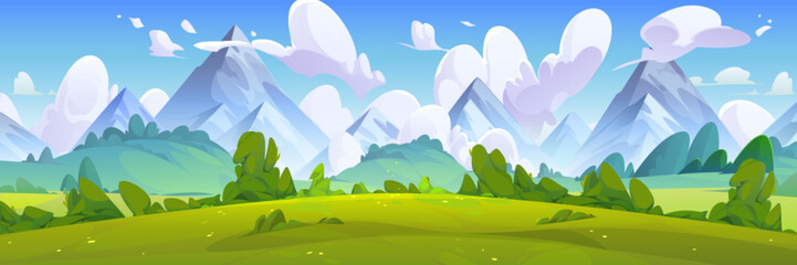 Summer natural landscape with green grass, bushes and trees on meadow in foot of high mountains. Cartoon vector panoramic scenery with grassland near hills, blue sky with clouds. Countryside scene.