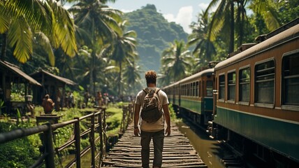 A man in a brown shirt balancing on a train rail amid majestic coconut palms is the scene of a serene encounter...