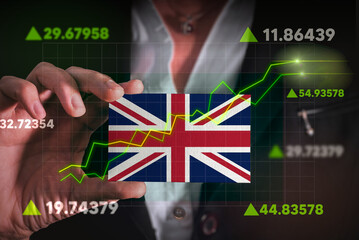Graph growing up in Front Of United Kingdom Flag. business state growing up concept.
