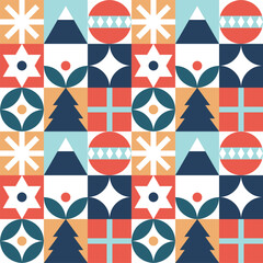 Bauhaus-Style Christmas pattern - trendy colored mosaic texture. Geometric seamless pattern with winter elements. Christmas decoration in Scandinavian style. New year texture.