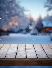 White Snow on wooden table for product presentation. Winter scenic landscape illustration.