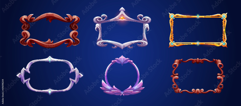 Aufkleber fantasy decoration game ui frame for avatar or menu banner. golden, wooden and silver round and rect