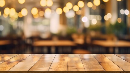 The empty wooden table top with blur background of restaurant. Exuberant image. generative AI - Powered by Adobe
