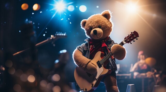 Oso de Peluche Estilo Rockero Tocando Guitarra en Escenario con Luces Brillantes