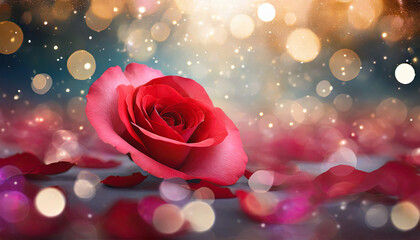 Read rose petal on abstract background with bokeh and light effect. Generative AI