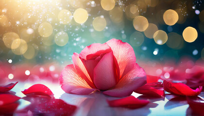 Read rose petal on abstract background with bokeh and light effect. Generative AI
