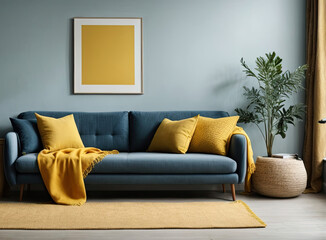 Blue sofa with yellow pillows and blanket with empty blank mock frame