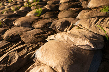 Aged sandbags on the ground