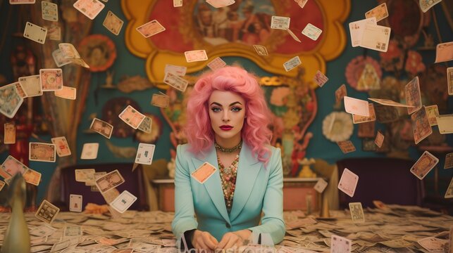 a young woman fortune teller in the in stylish funky clothes drawing or laying cards to give prognosis about future or analyze the situation, bubbly pink and cyan color palette