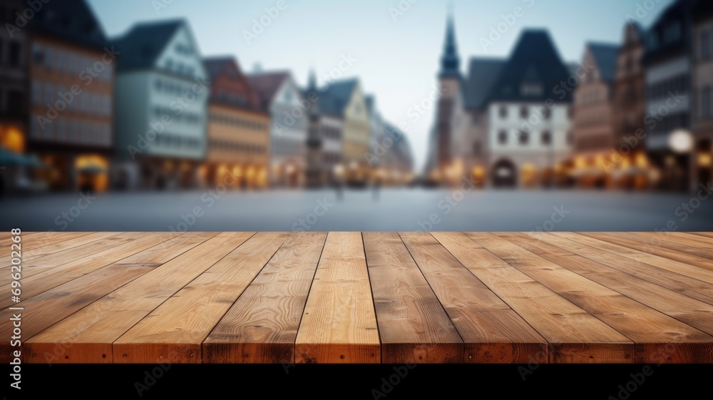 Poster the empty wooden table top with blur background of town square. exuberant image. generative ai
