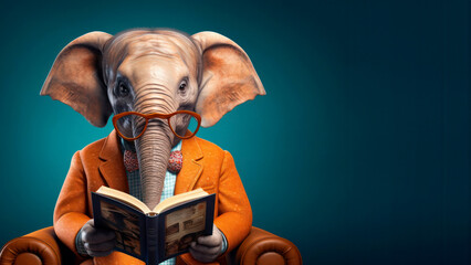 Cute smart cartoon elephant in glasses reading book or study with a place for text on blue...