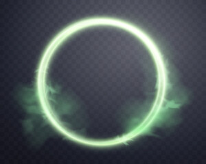 Green magic glowing ring with smoke. Neon realistic energy flare halo ring. Abstract light effect on a dark transparent background. Vector illustration.