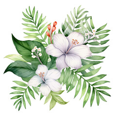 Watercolor of Tropical spring floral green leaves and flowers s isolated on transparent background
