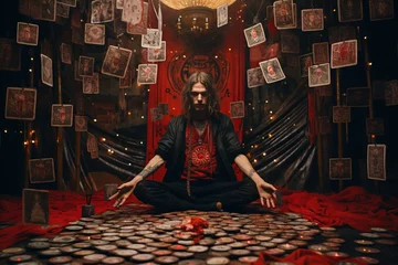Poster a man fortune teller in the ethnic traditional embroidered shirt and clothes drawing or laying cards to give prognosis about future or analyze the situation, red and black color palette © Romana