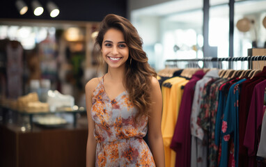 Young woman standing at cloth store and giving happy expression.
