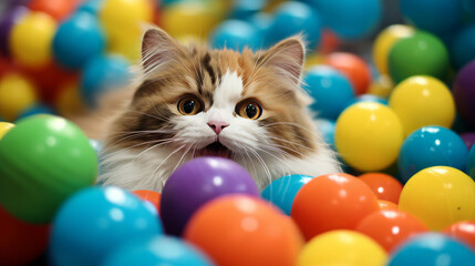 Fototapeta na wymiar Funny playful cat in colorful ball pool