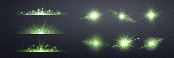 Green lens flares set. Isolated on transparent background. Sun flash with rays or spotlight and bokeh. Glow flare light effect. Vector illustration.