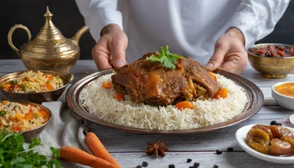Fotobehang Kabsa close-up, rice and meat dish, saudi arabia national traditional food. Muslim family dinner, Ramadan, iftar. Arabian cuisine. Religious holiday, holy month. © fajrulisme