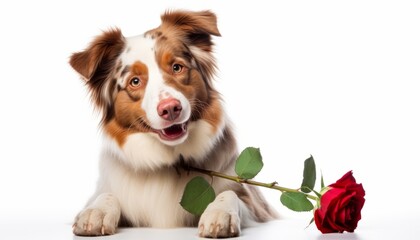 Charming Australian Shepherd dog beside a red rose as a gift for Valentine's Day on a white background