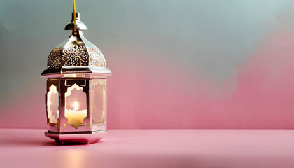 Obraz premium Ramadan Kareem banner design with lantern on pastel pink background with smoke. Eid Mubarak, Muslim Holy Month greeting card template