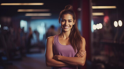 Portrait of smiling young woman standing with arms crossed in a modern fitness center - obrazy, fototapety, plakaty