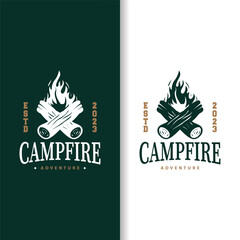Design wood and fire, logo campfire bonfire vector camping adventure vintage illustration - obrazy, fototapety, plakaty