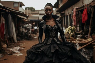 Fototapeta na wymiar Black-Dressed Rwandan Bride's Pose